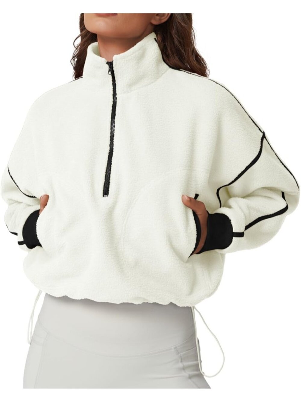 Women’s Beige Long Sleeve Half ZIP Pullover Cropped Sweatshirt Fleece Jacket